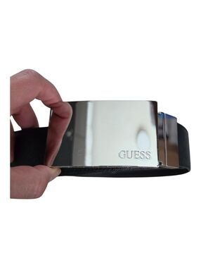 GUESS Reversible Leather Belt Size 38 Black/Brown Silver Buckle New